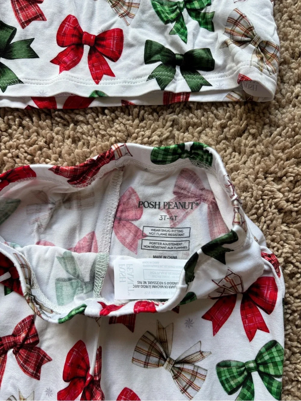 3T-4T White Holiday Bow Print Pajama Set: Posh Peanut Long Sleeve